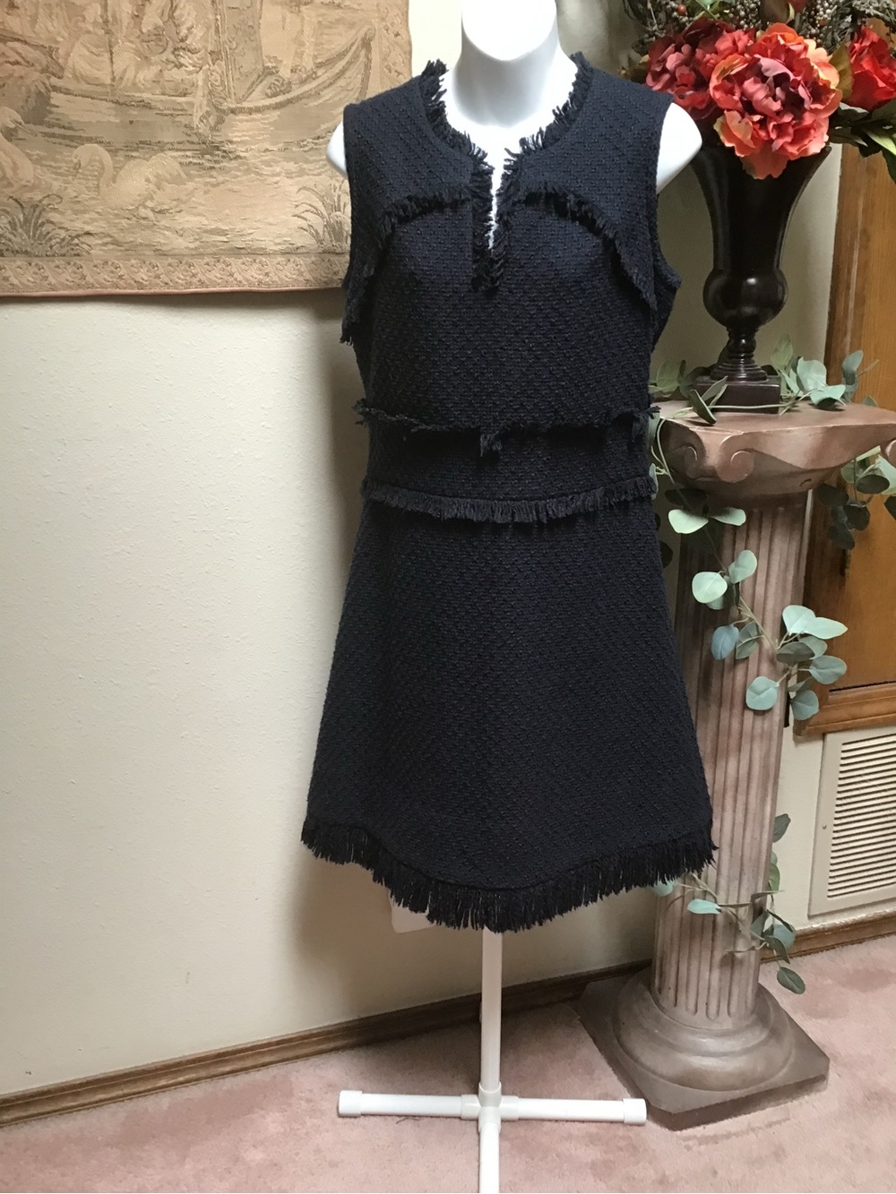 Tory Burch Black Sleeveless Fringe Tweed Mini Dress